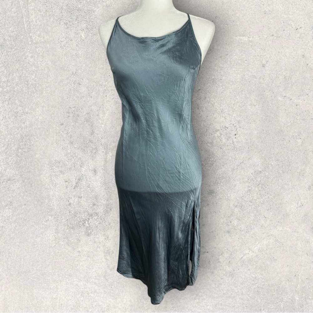 Silk Maison 100% Silk Blue Slip Dress Size Medium Midi Length‎ Side Slit Y2K 90s